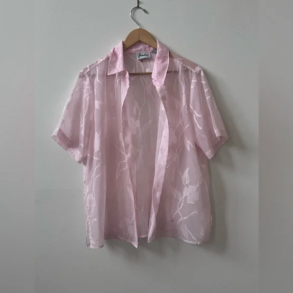 Vintage Sheer Pink Floral Button-Up Blouse | Y2K Coquette Top - Picture 2 of 3